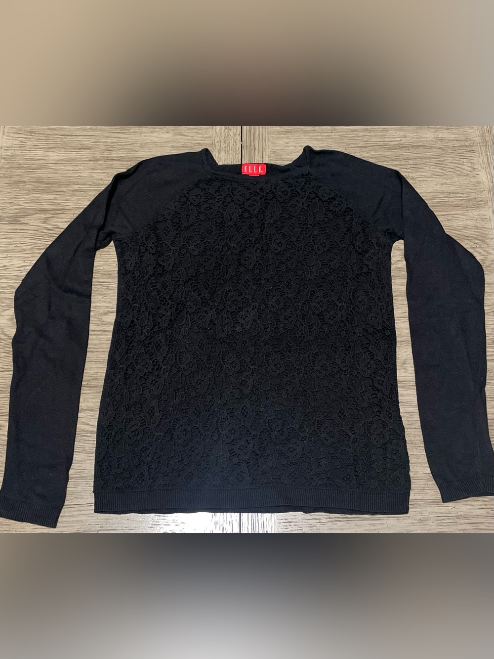 Elle women’s sweater, black with lace detail. Medium.